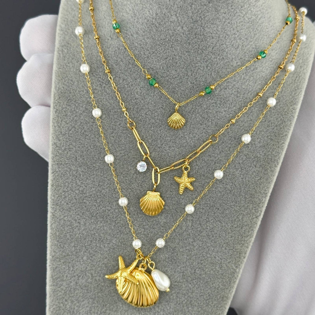 "Starfish and Seashell" Necklace, 18K Gold Plated Steel