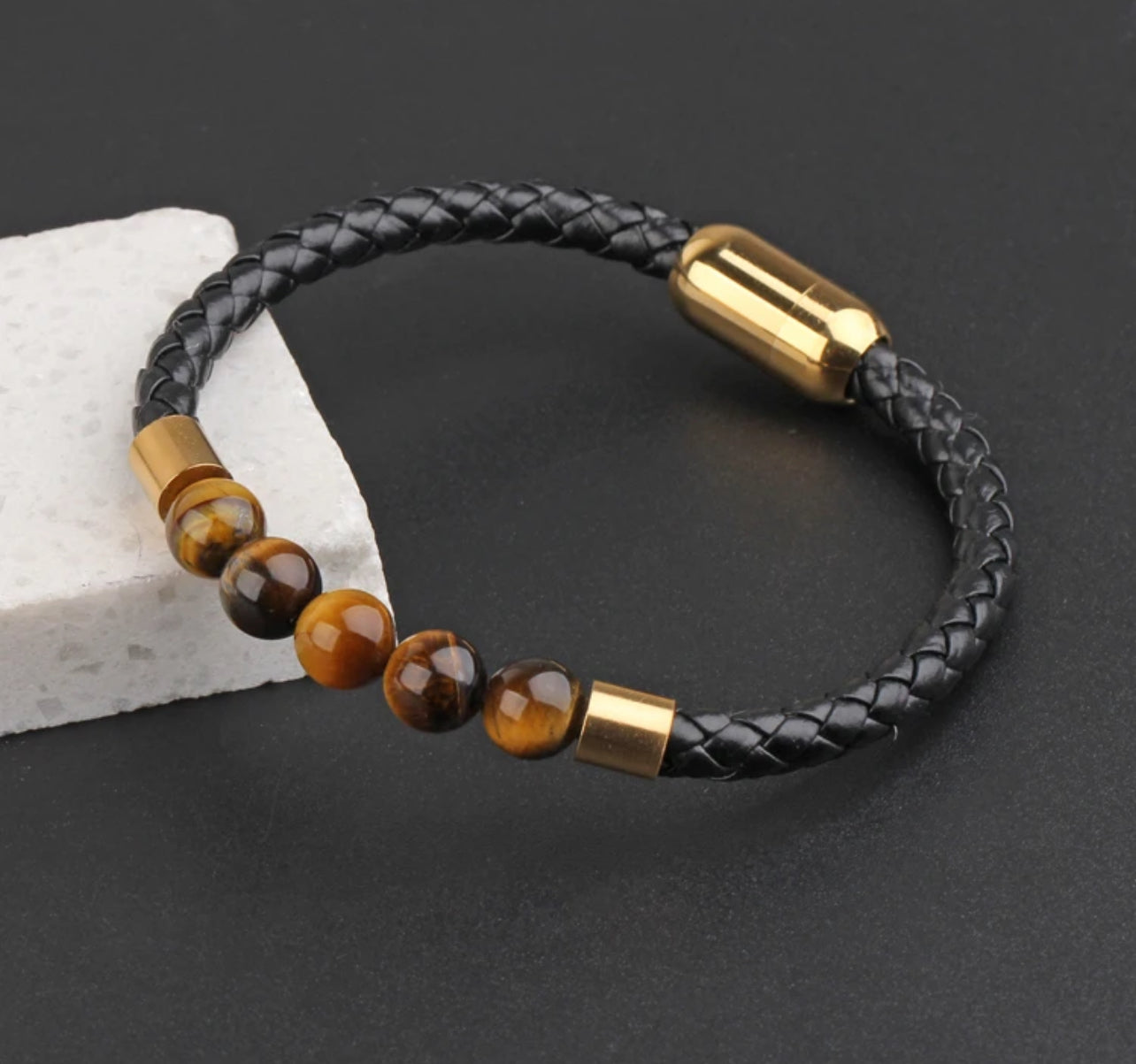 MENS LEATHER AND TIGER EYE MIXED BRACELET
