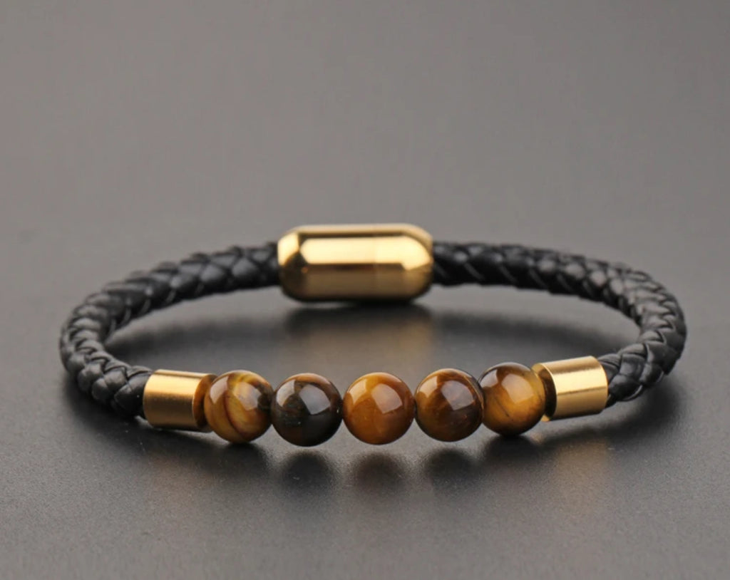 MENS LEATHER AND TIGER EYE MIXED BRACELET